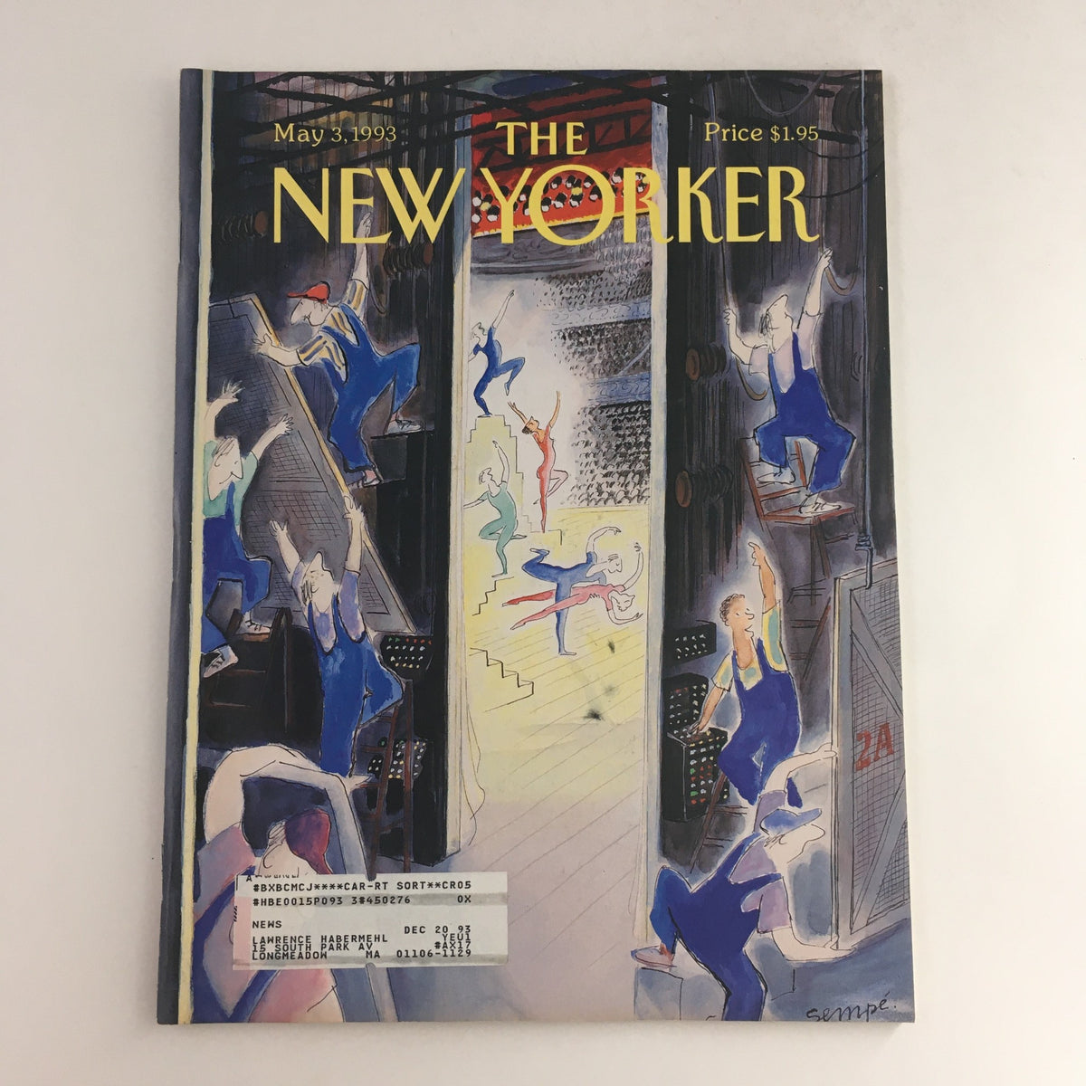 The New Yorker May 3 1993 Full Magazine Theme Cover by Jean-Jacques Sempé featuring whimsical illustrations of performers and vibrant colors, highlighting cultural dynamics of the early 90s.