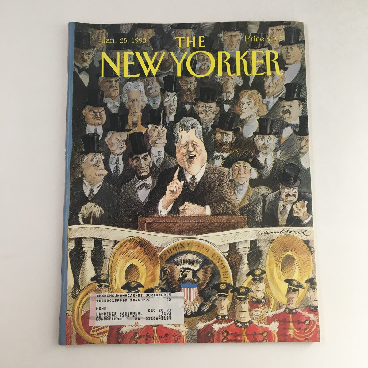 The New Yorker January 25 1993 Magazine Cover featuring an illustration by Edward Sorel, depicting a large crowd with a central figure at a podium, showcasing political themes.