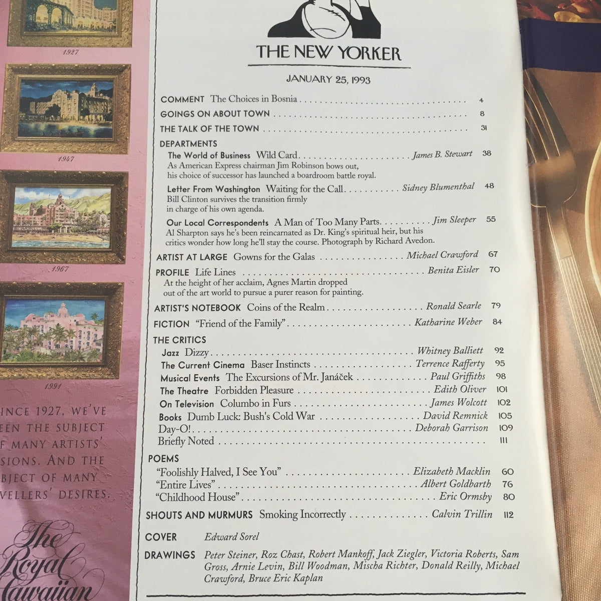 The New Yorker January 25 1993 Table of Contents page displaying articles and features from the issue, including the cover artist Edward Sorel.