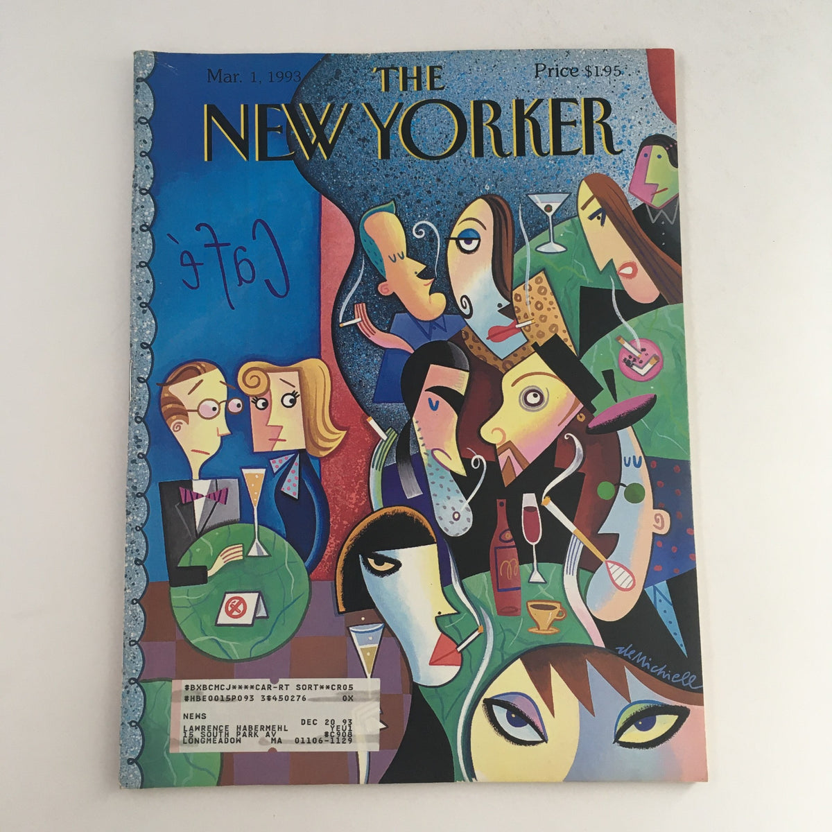 The New Yorker March 1 1993 Full Magazine Cover by Robert deMichiell featuring a colorful illustration of social interactions in a cafe setting.