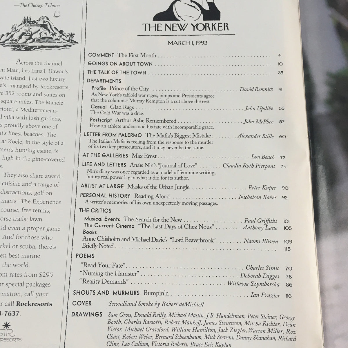 Contents page of The New Yorker March 1 1993 showcasing various articles including 'The First Month' and 'The Mafia's Biggest Mistake'.