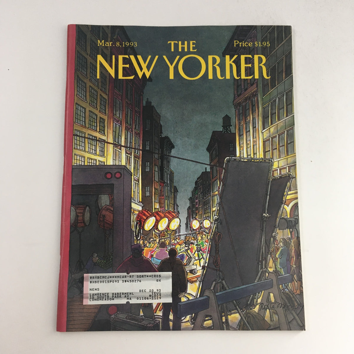 Cover of The New Yorker March 8, 1993, featuring an illustration by Roxie Munro, depicting a busy street scene with people and streetlights, labeled as 'Price $1.95'.