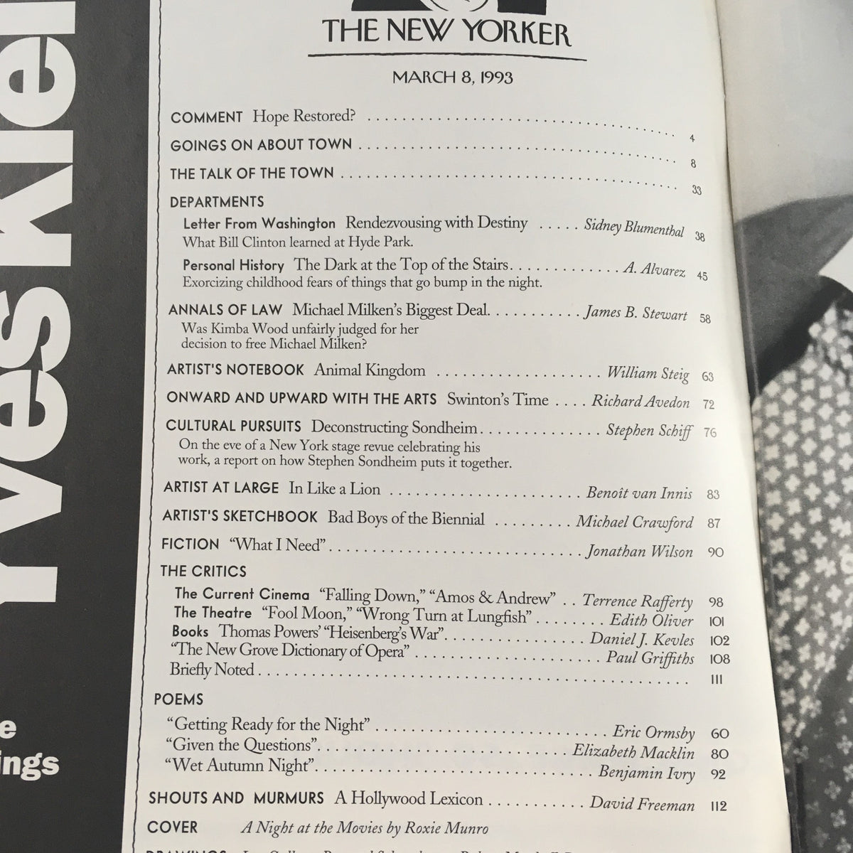 Table of contents page from The New Yorker March 8, 1993, highlighting various articles and illustrations, including a feature on the artist Roxie Munro.