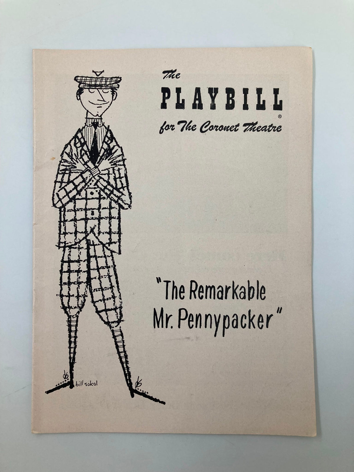 Front cover of the 1954 Playbill for The Remarkable Mr. Pennypacker at the Coronet Theatre featuring artwork by Bill Sokol.