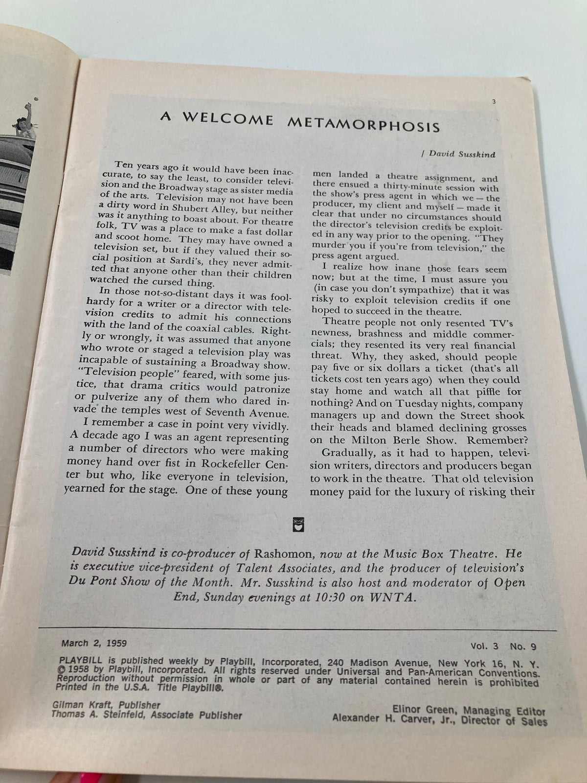 Interior page of the 1959 Playbill for 'Once More, With Feeling' featuring an article titled 'A Welcome Metamorphosis' by David Susskind.