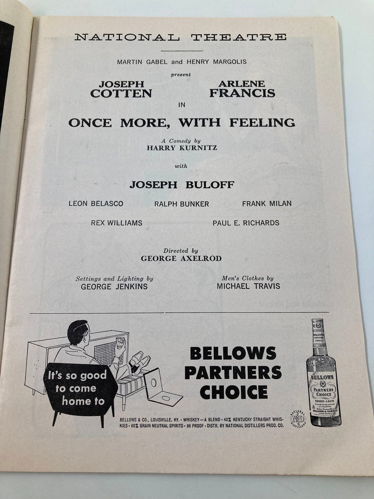 1959 Playbill for the National Theatre production of 'Once More, With Feeling' featuring Joseph Cotten and Arlene Francis. The program includes details about the cast, director, and sponsors. A vintage advertisement for Bellows whiskey is also visible.