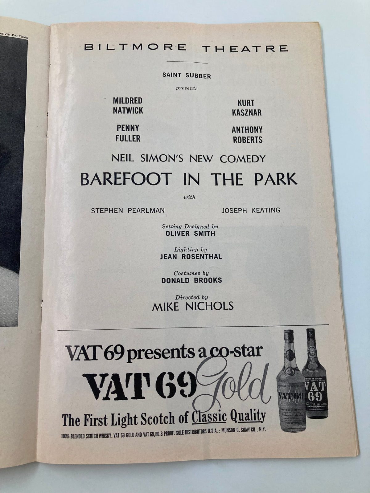 Inside page of the 1965 Playbill for Barefoot In The Park featuring cast details and production credits.