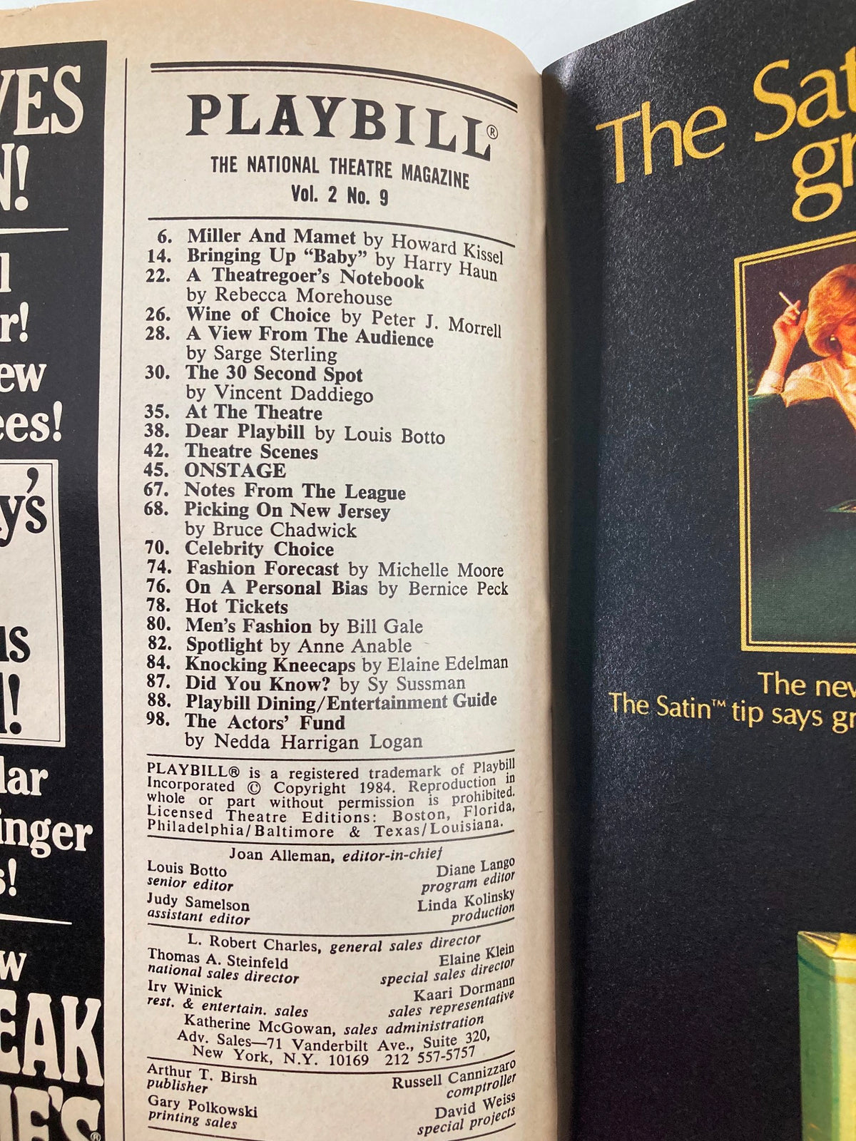 1984 Playbill from Circle In The Square Theatre featuring a detailed list of productions and cast members, showcasing the vibrant theater culture of the 1980s.