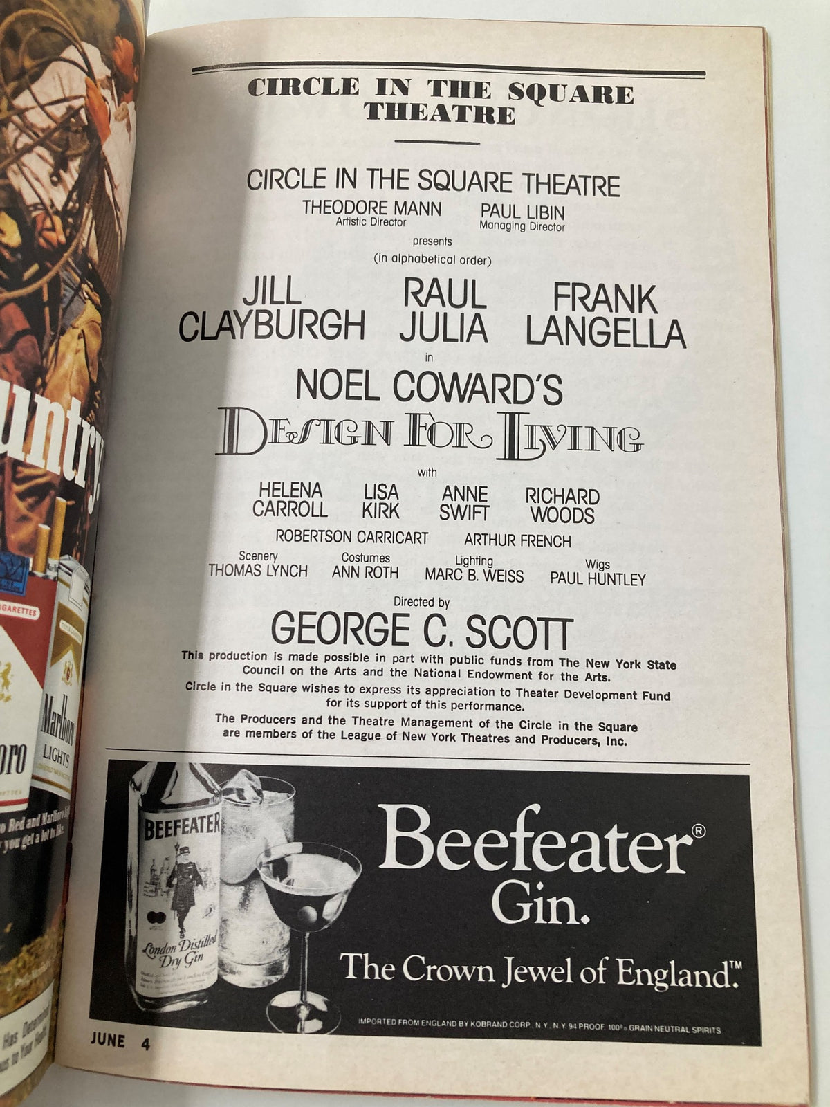 1984 Playbill from Circle In The Square Theatre highlighting the cast of 'Design for Living' with notable actors including Jill Clayburgh, showcasing live theater's charm and history.