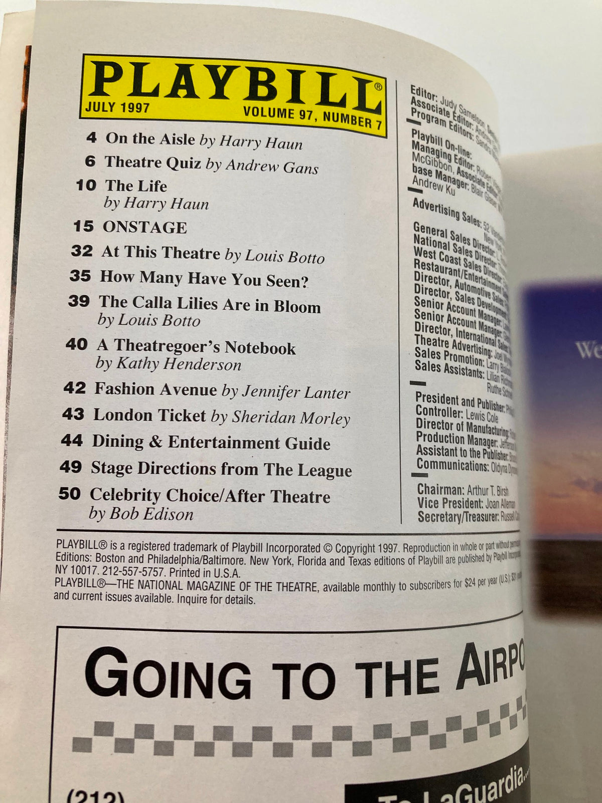Interior page of the 1997 Playbill for The Music Box: Barrymore, listing articles and features from July 1997.