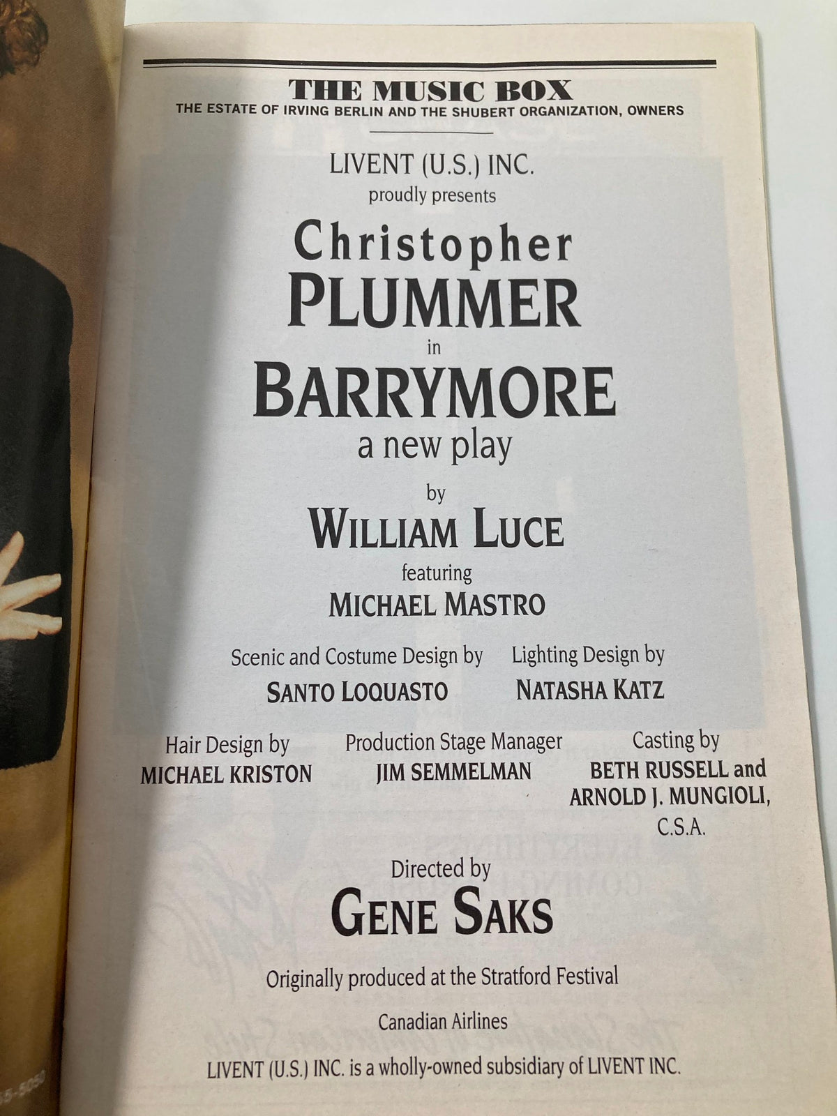Title page of the 1997 Playbill for The Music Box: Barrymore, detailing the production information and creative team.