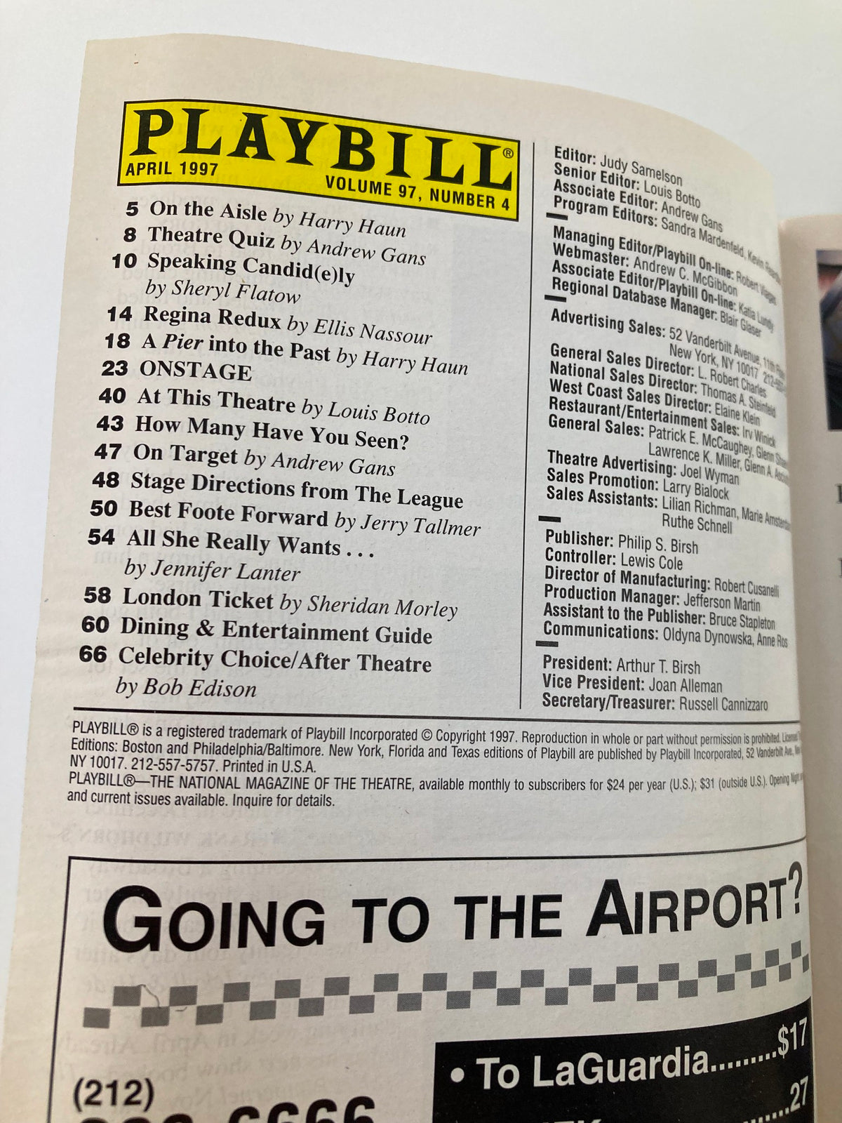 Inside page of the 1997 Playbill for 'Dream' showcasing a list of feature articles and contributors.