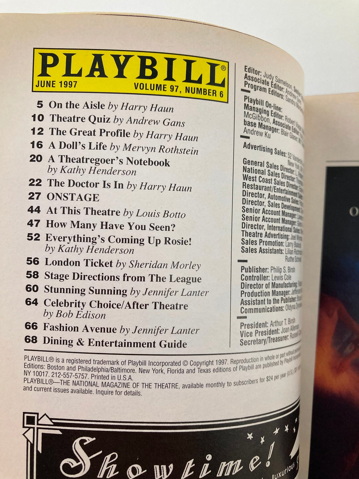 1997 Playbill for The Life at Ethel Barrymore Theatre showing the table of contents for June 1997, including notable entries.