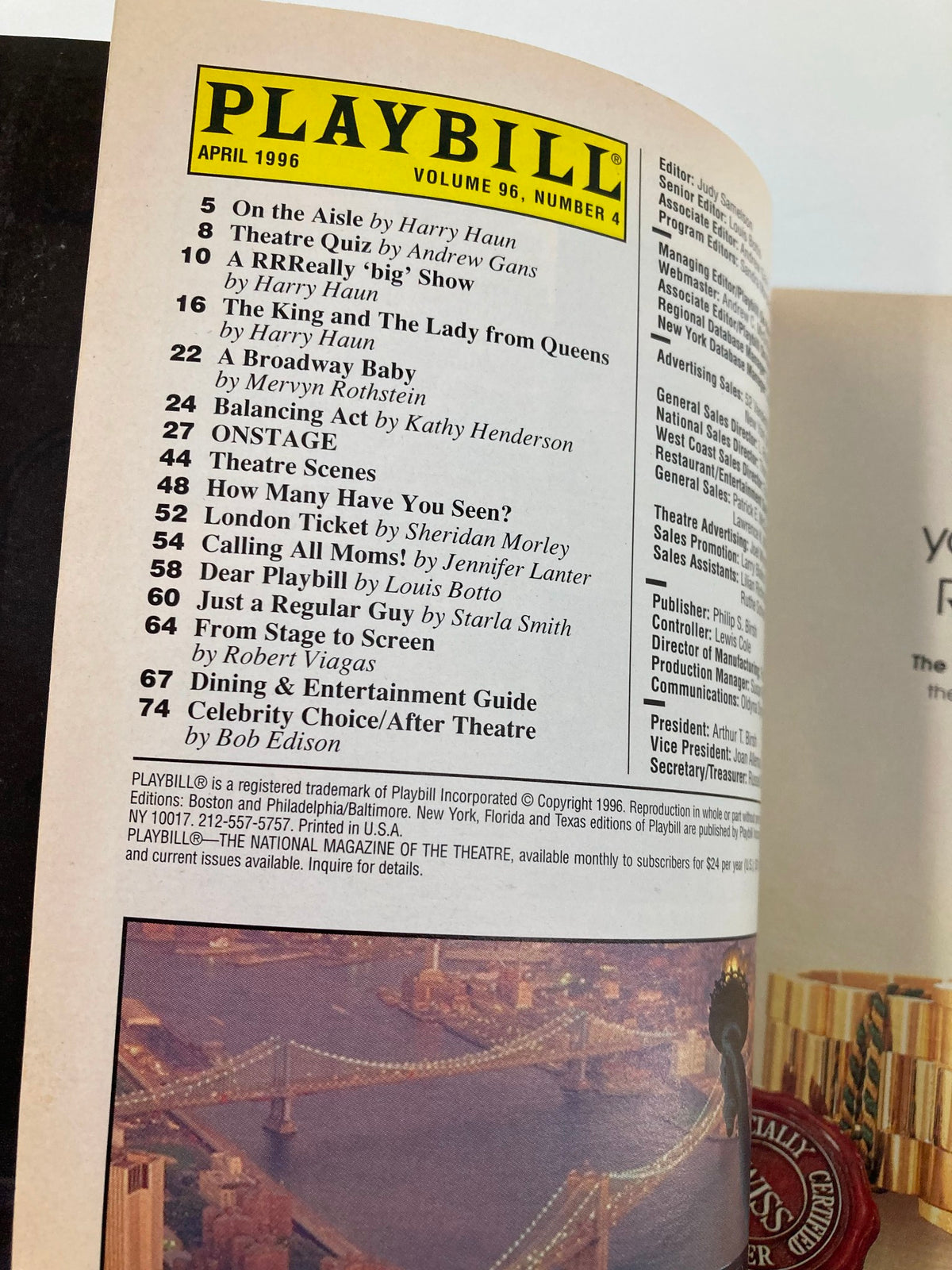Inside page of the 1996 Playbill for Smokey Joe's Cafe: The Songs of Leiber and Stoller, featuring details on the show's content and additional listings.