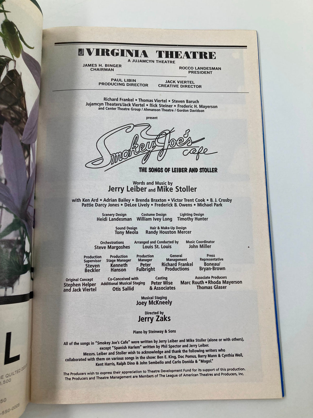 Inside view of the 1996 Playbill from Virginia Theatre for Smokey Joe's Cafe: The Songs of Leiber and Stoller, featuring cast and production details.