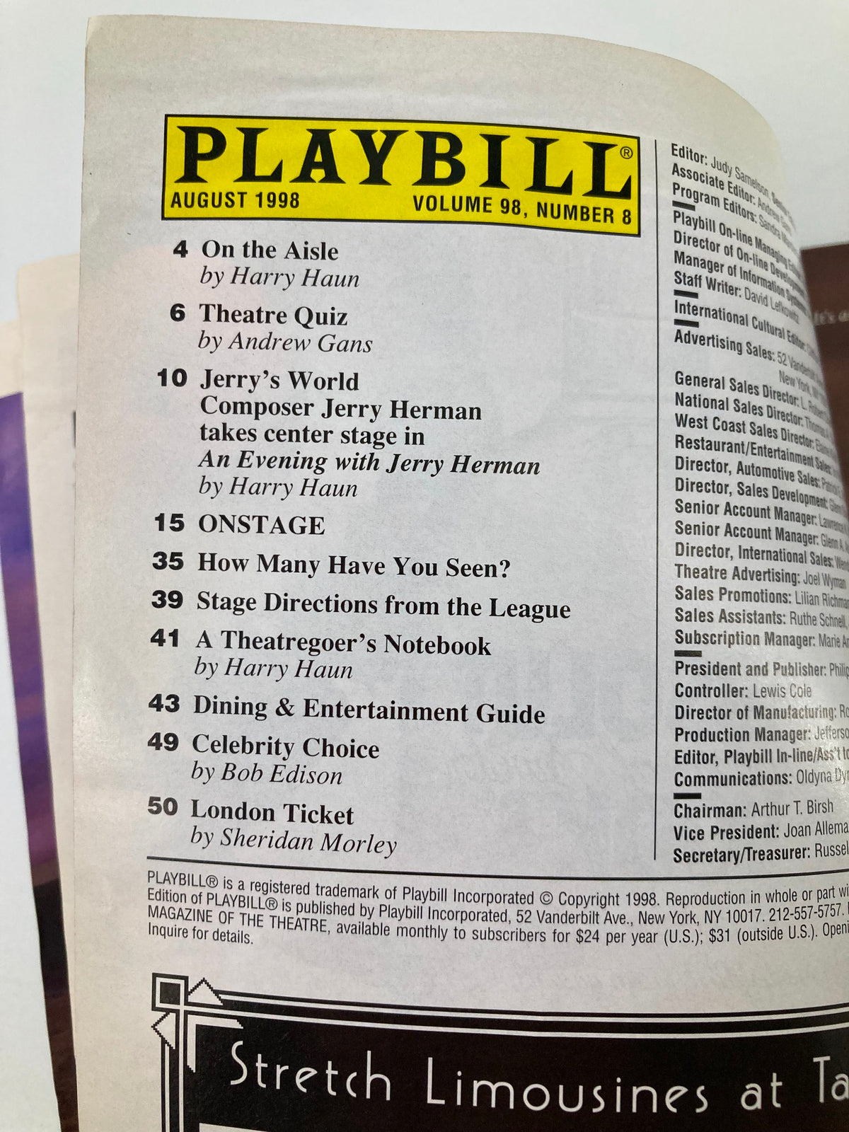Page from the 1998 Playbill featuring Jerry Herman's 'Jerry's World' and various articles, part of the Smokey Joe's Cafe production at Virginia Theatre.