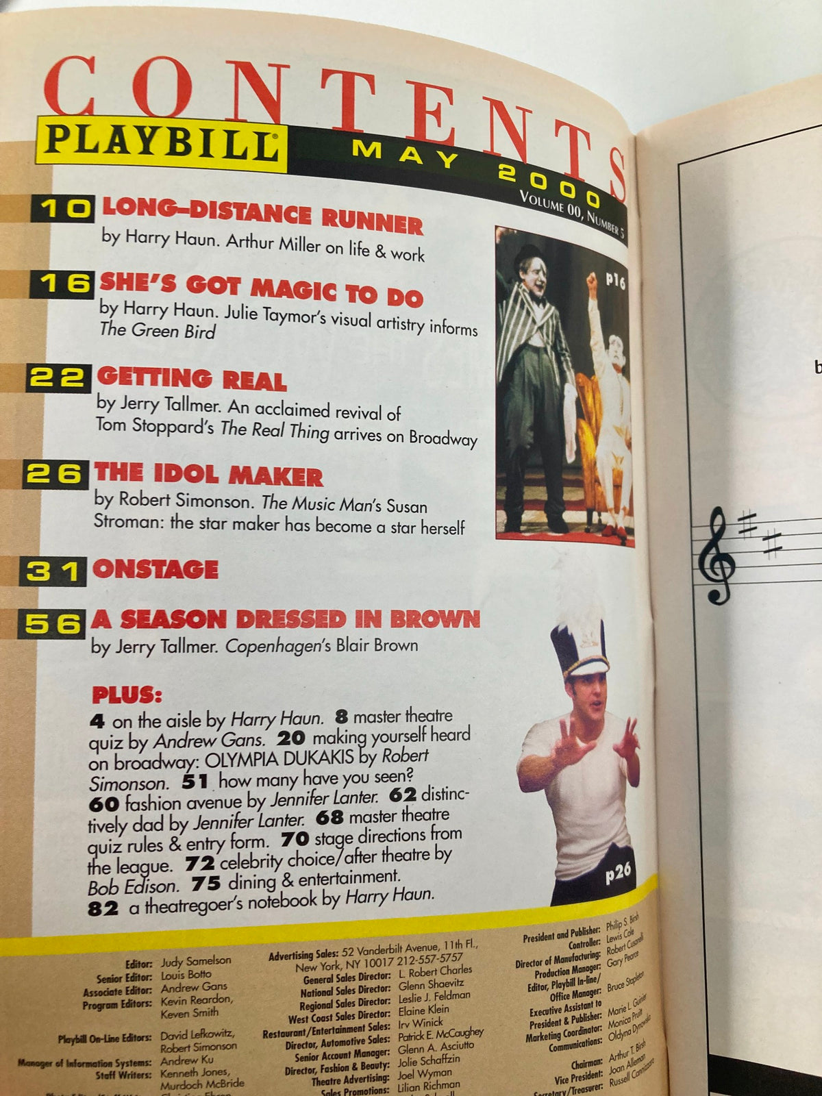 Contents page of the 2000 Playbill for Kiss Me, Kate, listing articles and features from the May 2000 edition.