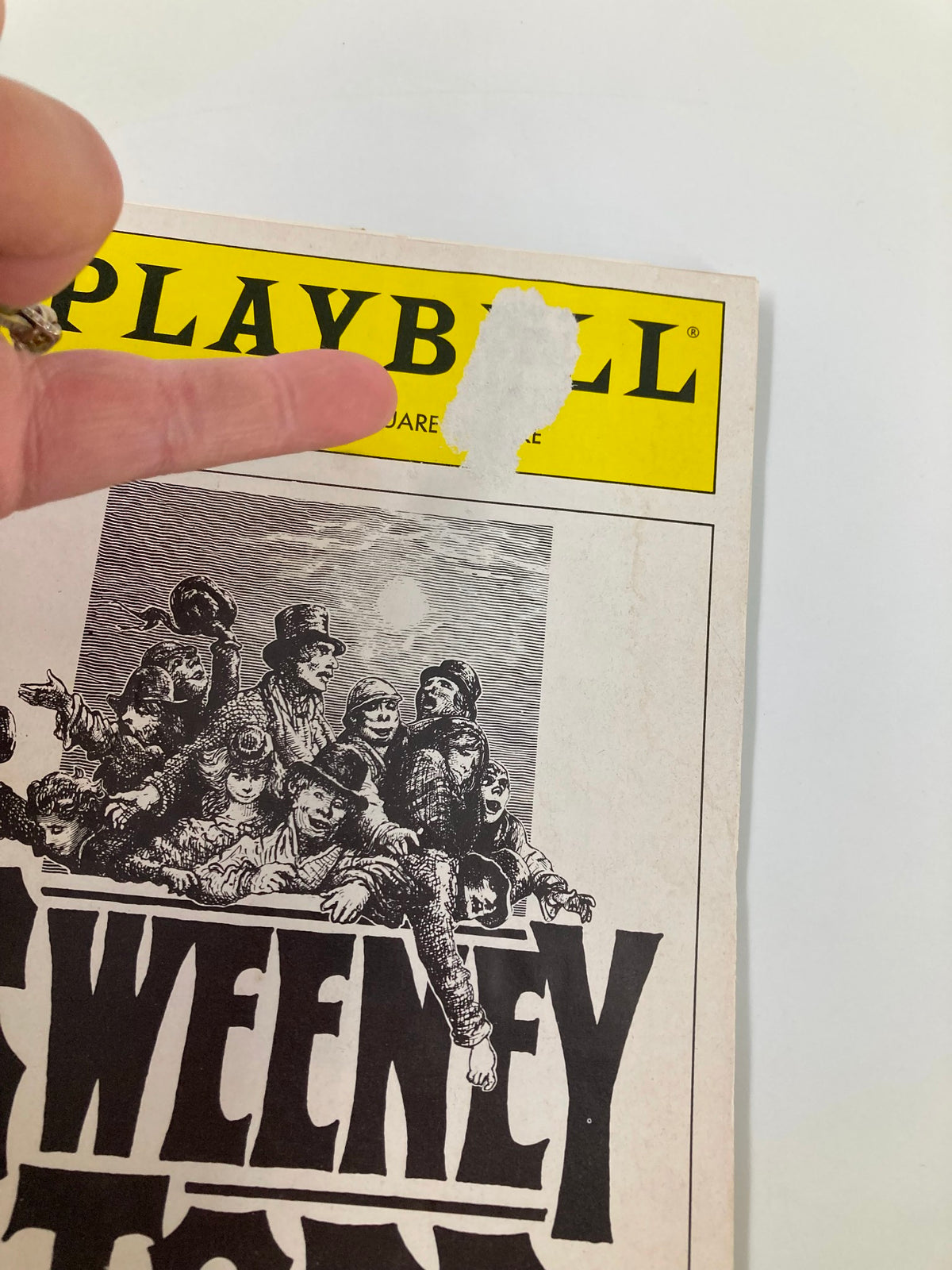 Close-up view of the 1989 Playbill Sweeney Todd header, highlighting the Circle In The Square Theatre logo with minor wear.
