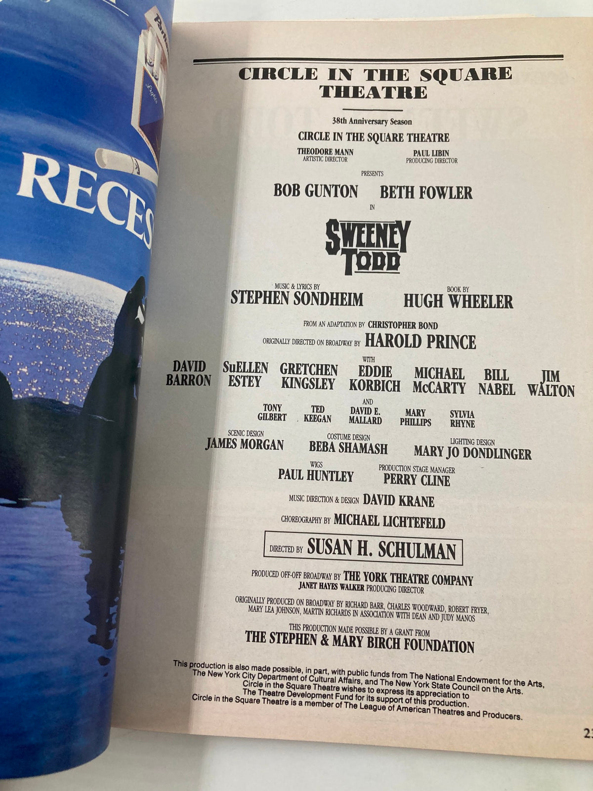 Inside page of the 1989 Playbill Sweeney Todd listing the cast, including Bob Gunton as Sweeney Todd and Beth Fowler as Mrs. Lovett.