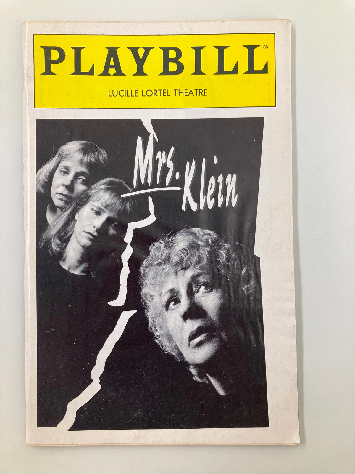 1996 Playbill for Mrs. Klein at the Lucille Lortel Theatre featuring a striking black and white design with the title prominently displayed.