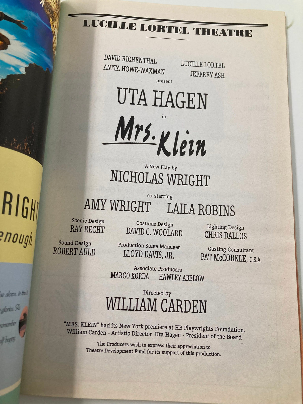 Credits page from the 1996 Playbill for Mrs. Klein at the Lucille Lortel Theatre, detailing cast, production team, and creative contributions including Uta Hagen and Amy Wright.