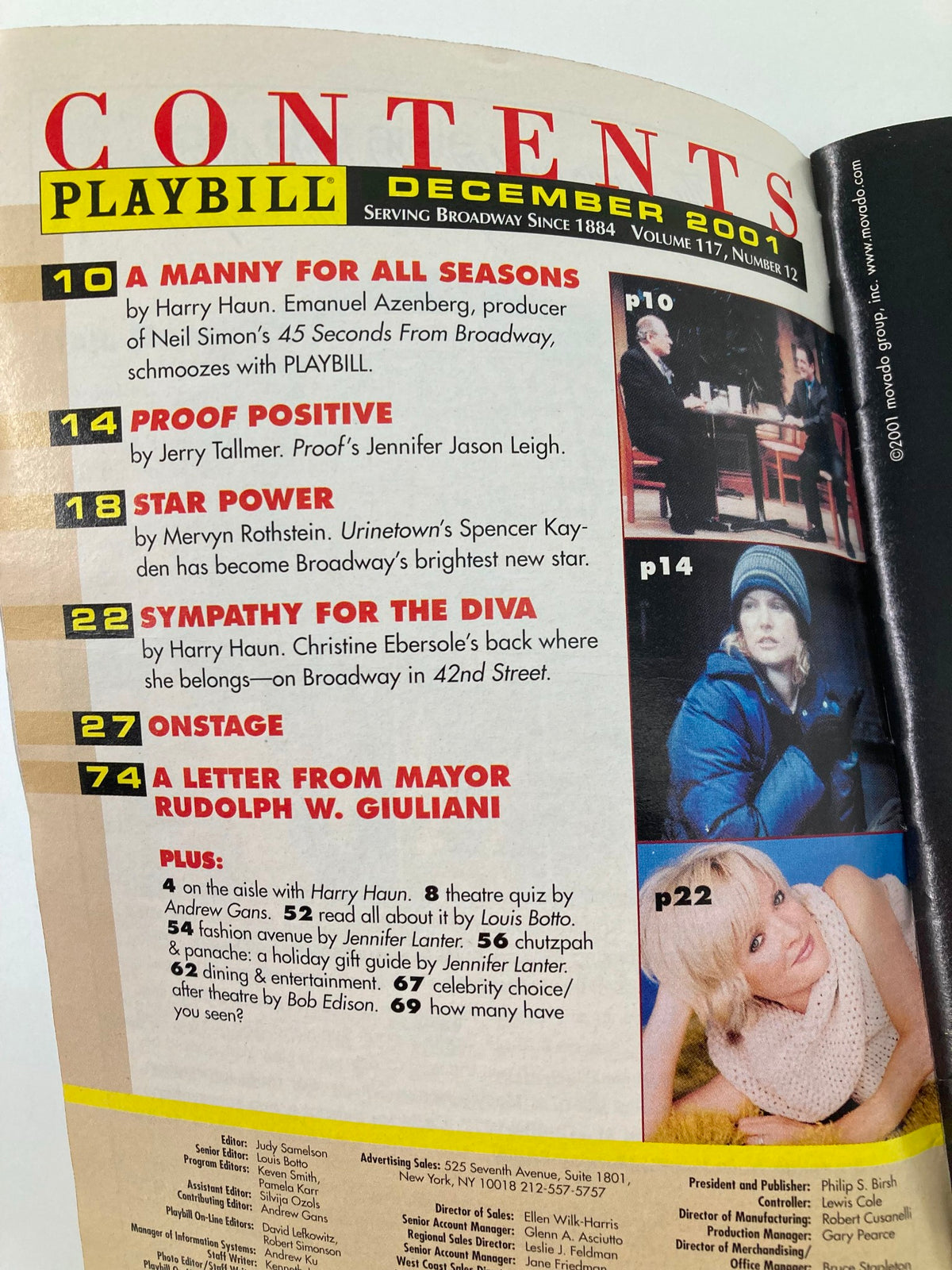 Contents page of the 2001 Playbill for Noises Off at Brooks Atkinson Theatre showcasing articles and features.