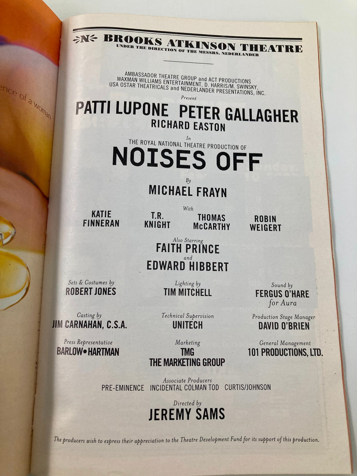 Credits page of the 2001 Playbill for Noises Off at Brooks Atkinson Theatre detailing cast and crew information.