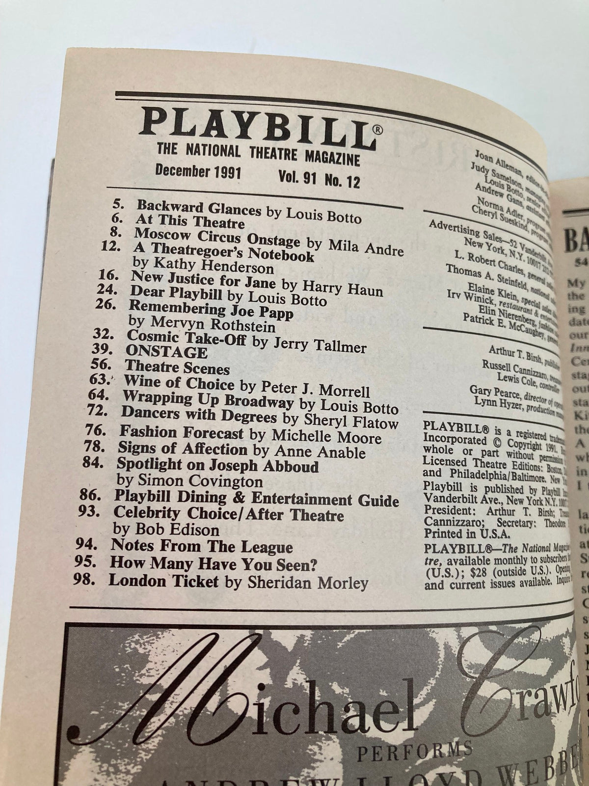 Inside page of the 1991 Playbill for Nick & Nora, showcasing the table of contents and various theater listings.