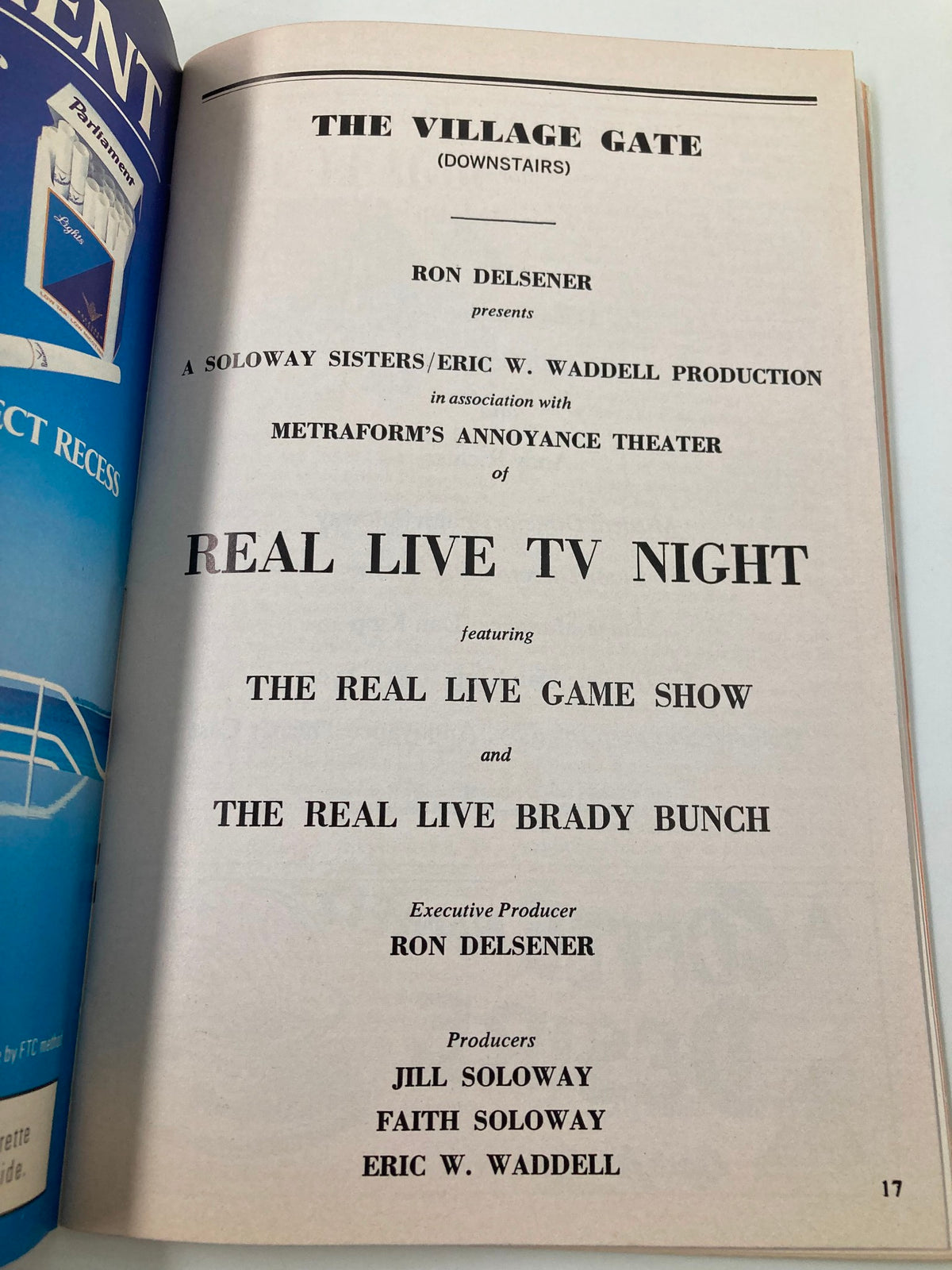Production details page from the 1992 Playbill The Village Gate Real Live TV Night featuring The Real Live Game Show and The Real Live Brady Bunch.