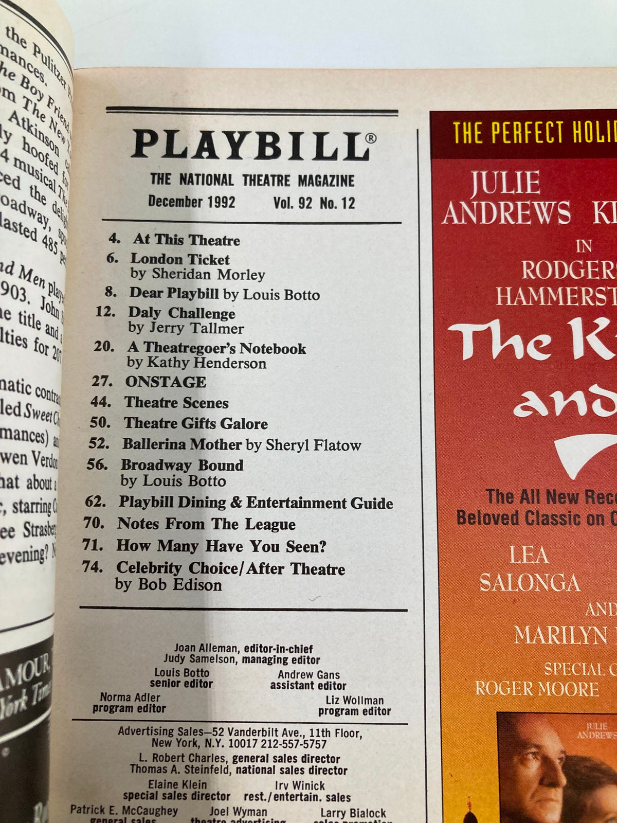 Interior page of the December 1992 Playbill featuring the contents and listings for various shows and articles.