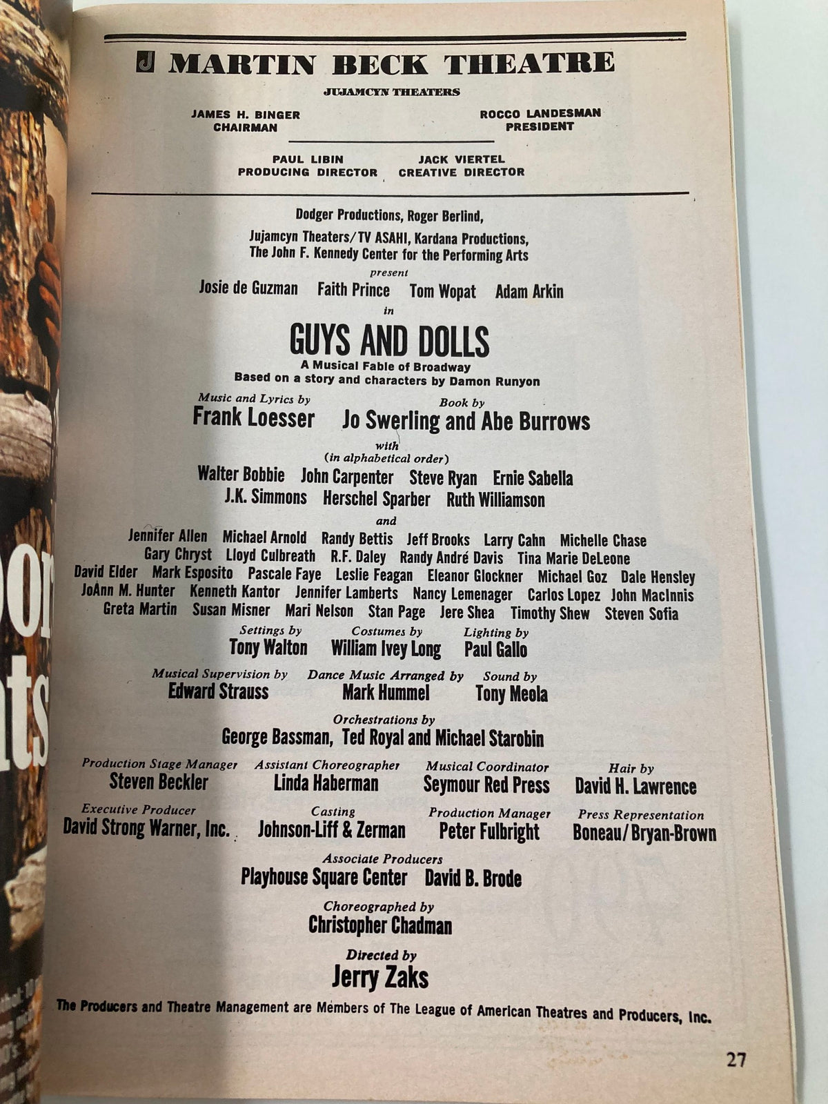 Cast and crew credits page of the 1992 Playbill for 'Guys and Dolls' at the Martin Beck Theatre, including actors Josie de Guzman and Tom Wopat.