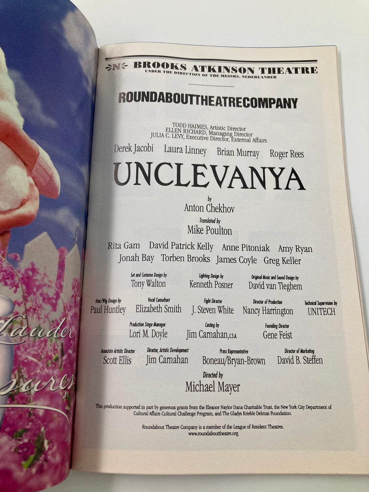 The cast page from the 2000 Playbill for Uncle Vanya, detailing the production credits and staff involved in the Roundabout Theatre Company's presentation at Brooks Atkinson Theatre.