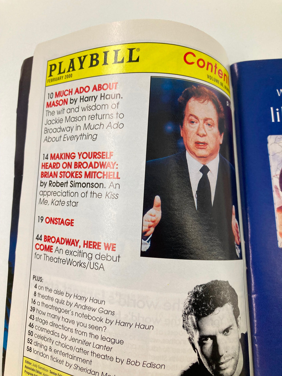 February 2000 Playbill cover featuring a prominent image of a male actor on stage, related to the St. James Theatre production of 'Swing!'. This Playbill showcases notable articles and highlights from Broadway.