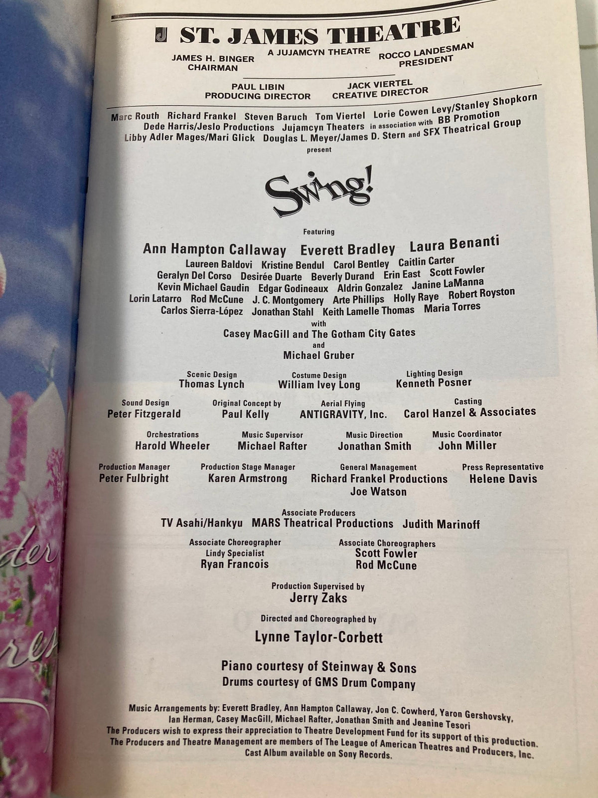 Inside page of the 2000 Playbill from St. James Theatre for 'Swing!', featuring cast members including Ann Hampton Callaway and Everett Bradley, providing a glimpse into the exciting performances at the theatre.