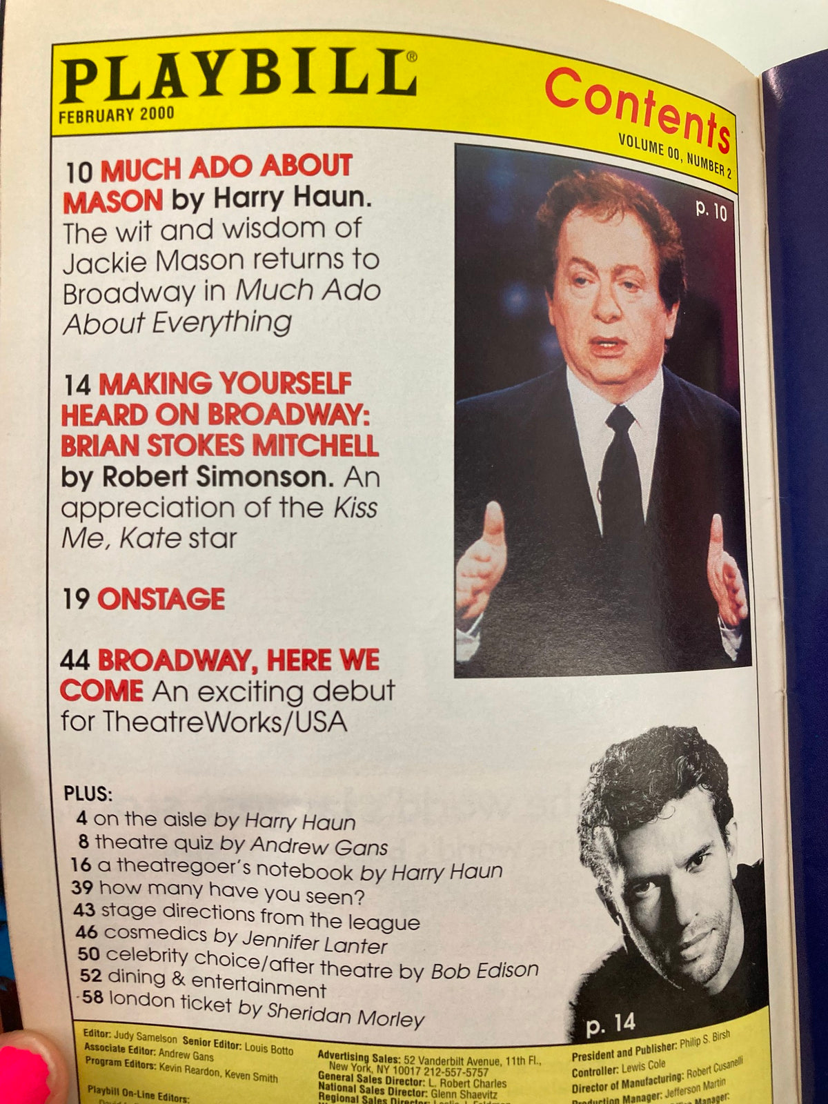 Inside page of the 2000 Playbill for Dame Edna's The Royal Tour, showcasing the table of contents and features related to the production.