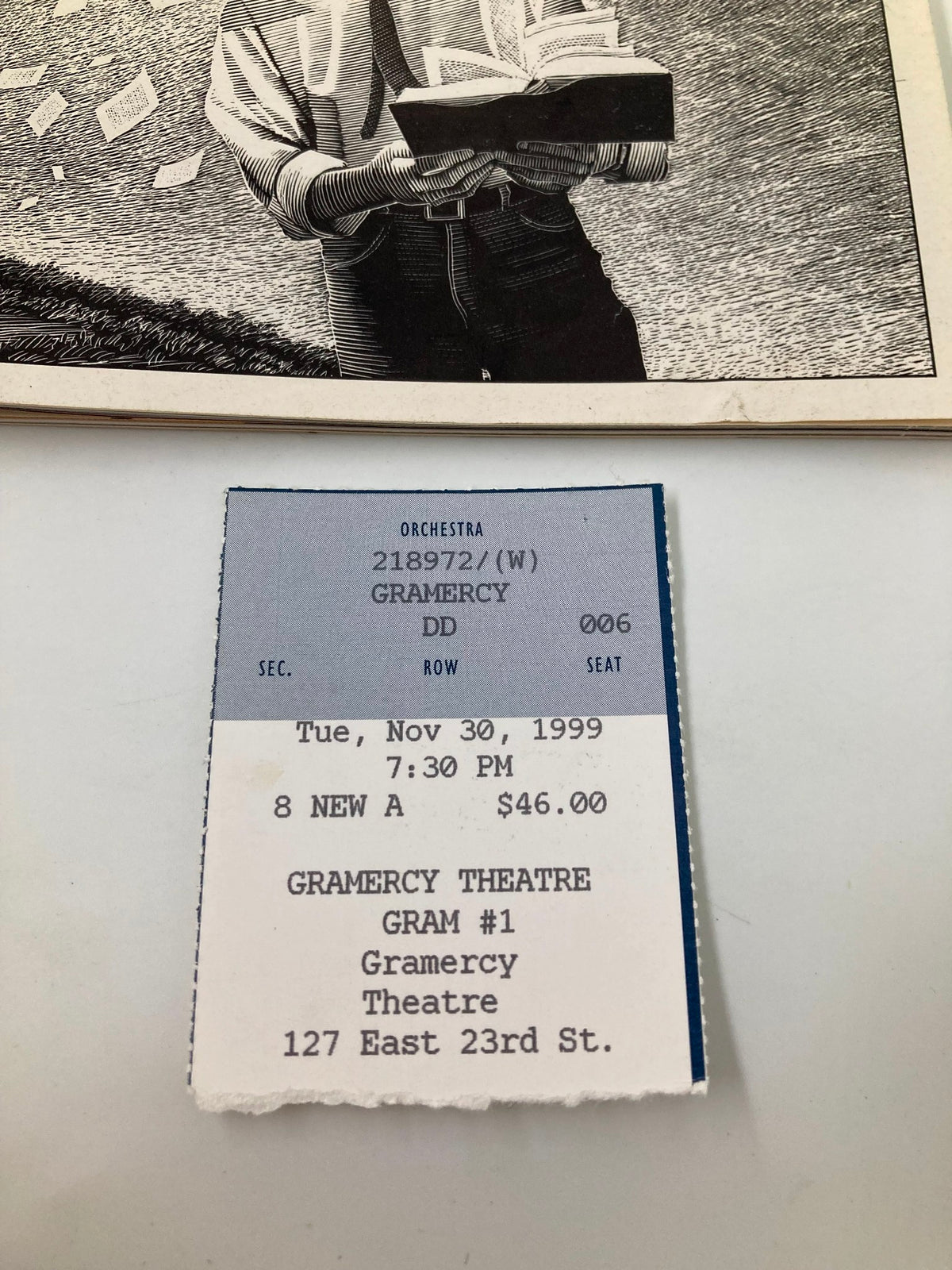Official ticket for the 1999 performance of 'Give Me Your Answer, Do!' at Gramercy Theatre, dated November 30, showing seating and pricing details.