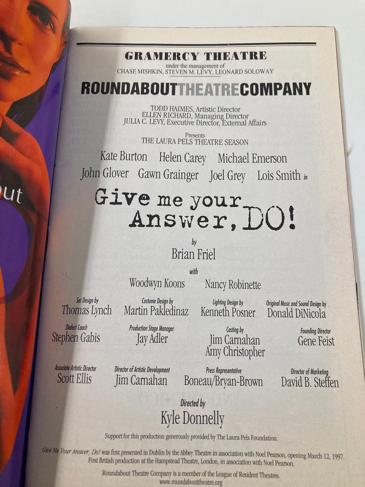 Inside page of the 1999 Playbill for 'Give Me Your Answer, Do!', listing cast and crew details, and showcasing the playwright Brian Friey.