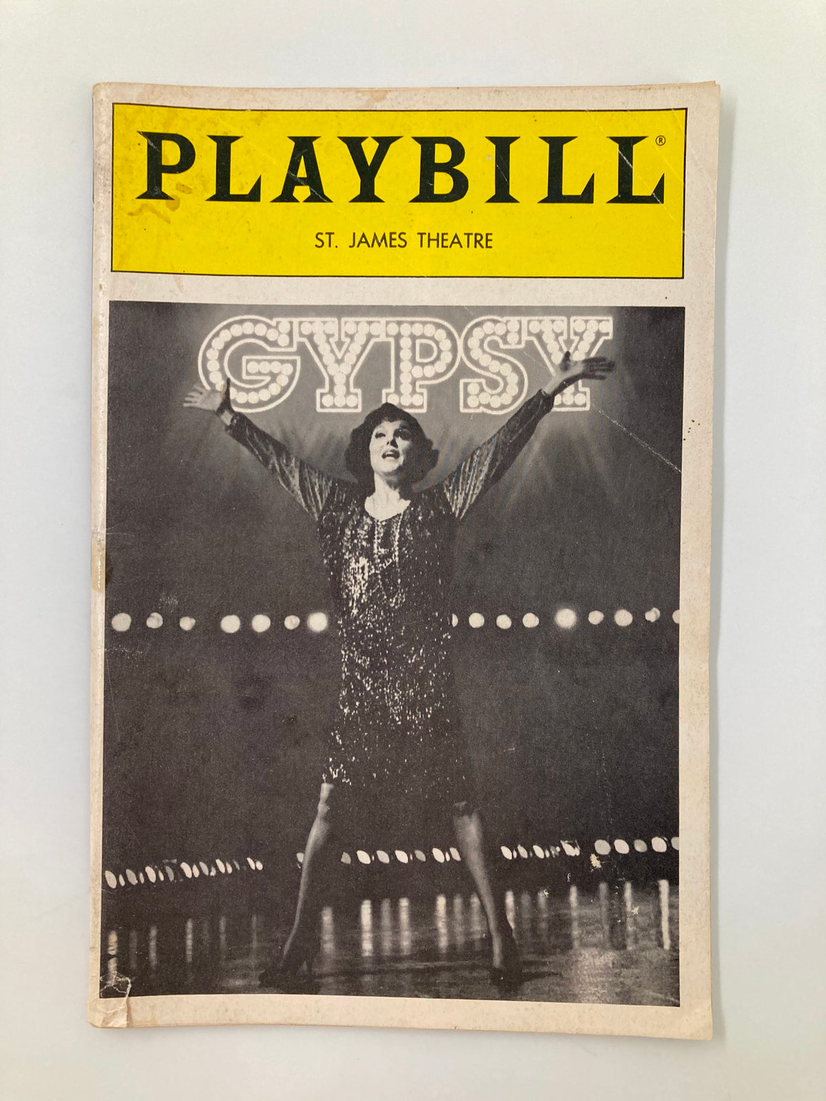 Front cover of the 1990 Playbill from St. James Theatre for the musical Gypsy, featuring Tyne Daly in a sparkling costume, arms raised in performance.