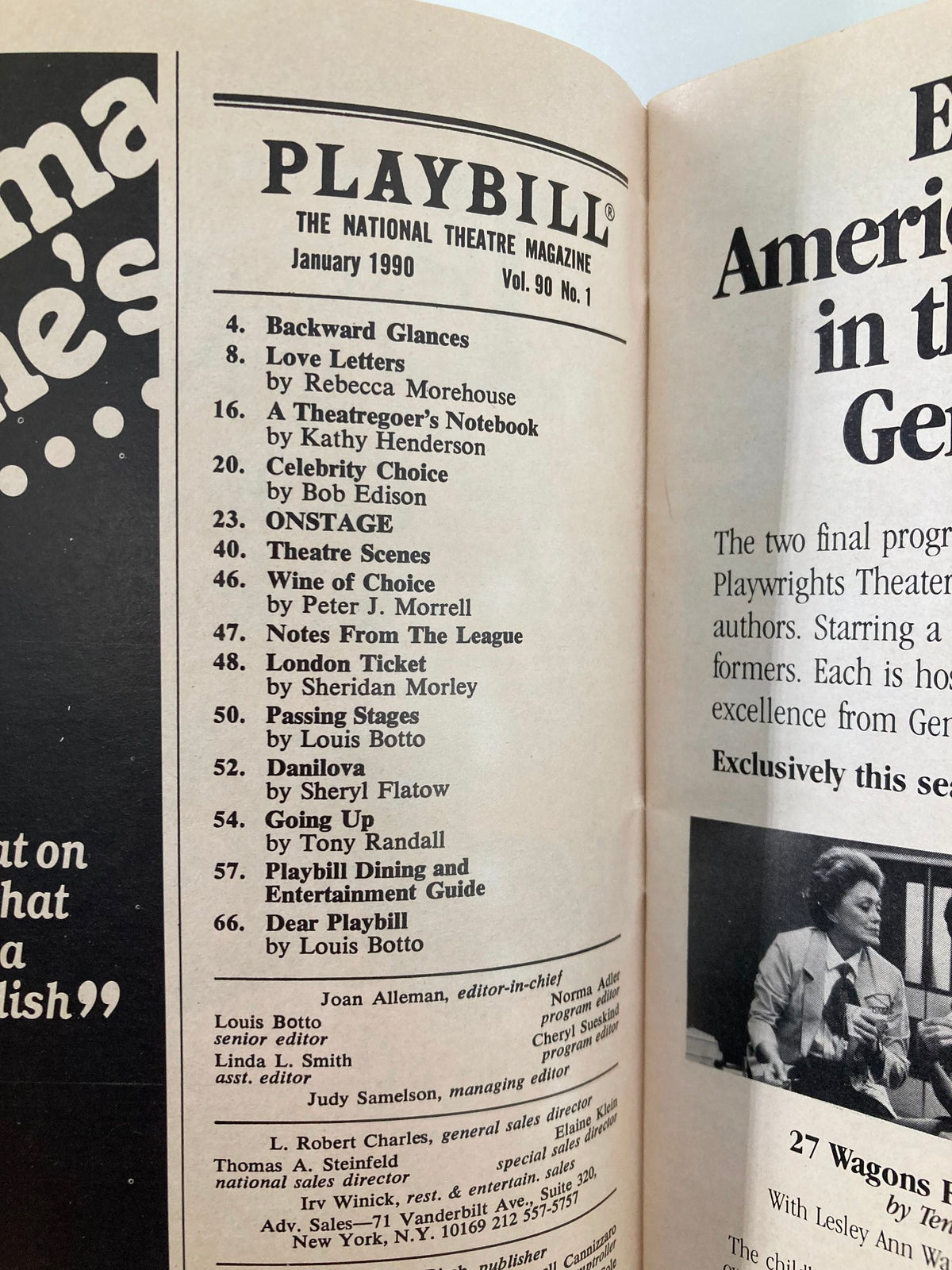 Interior page of the 1990 Playbill from St. James Theatre, including the table of contents and listings for January 1990, featuring the title Gypsy.