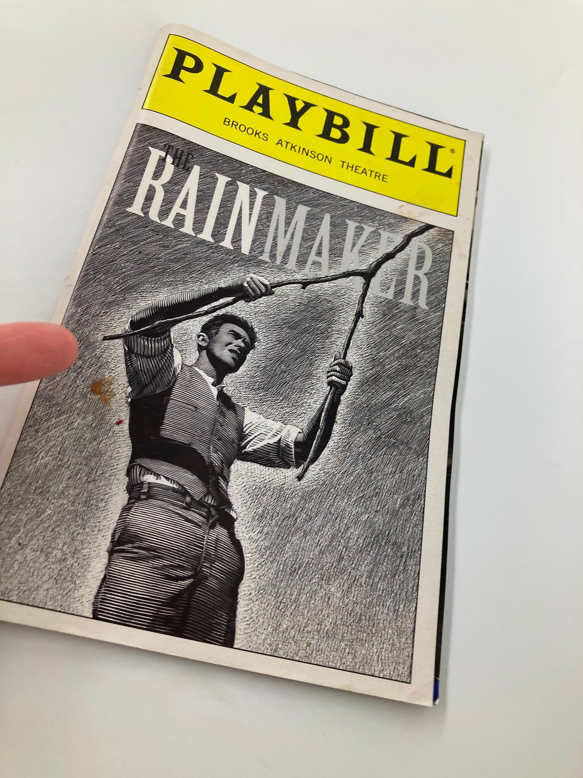 1999 Playbill Brooks Atkinson Theatre featuring Woody Harrelson in The Rain Maker, showcasing the cover design with a character holding a branch.