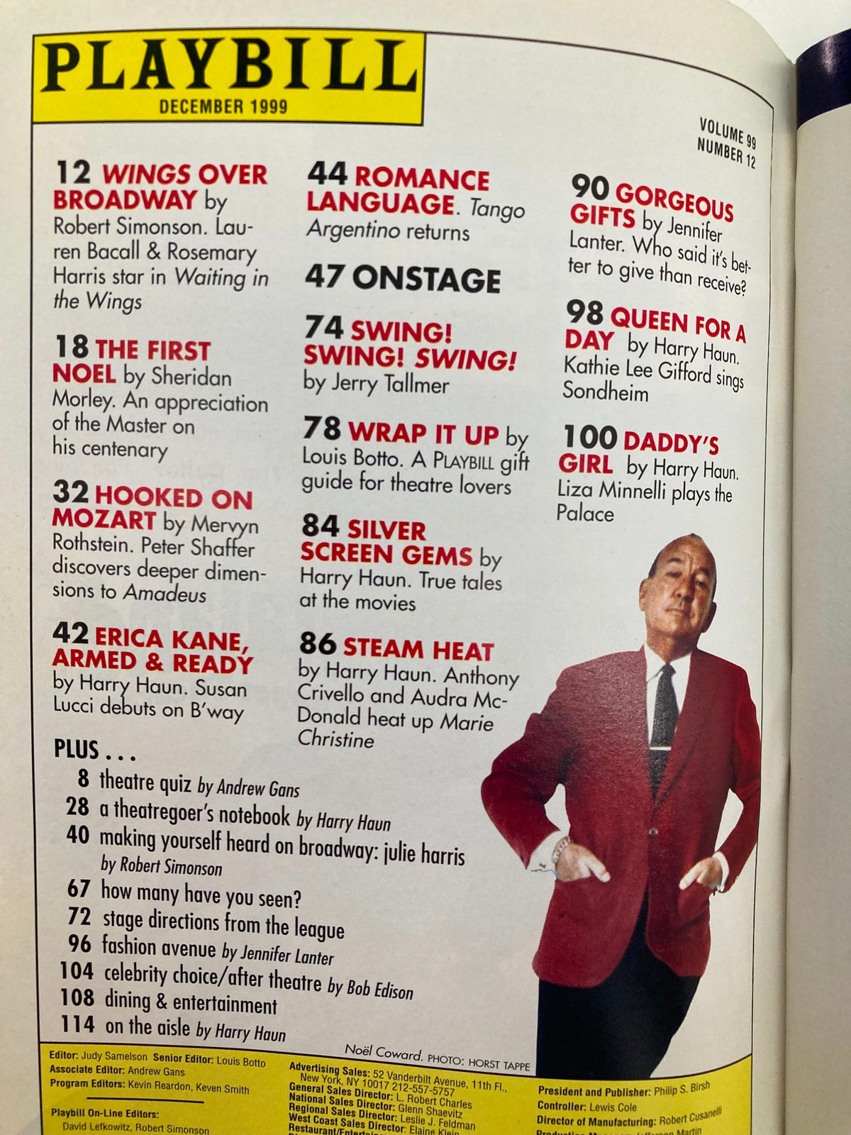 Interior page of the 1999 Playbill for The Rain Maker, listing other shows and editorial content from December 1999, emphasizing the richness of Broadway's history.
