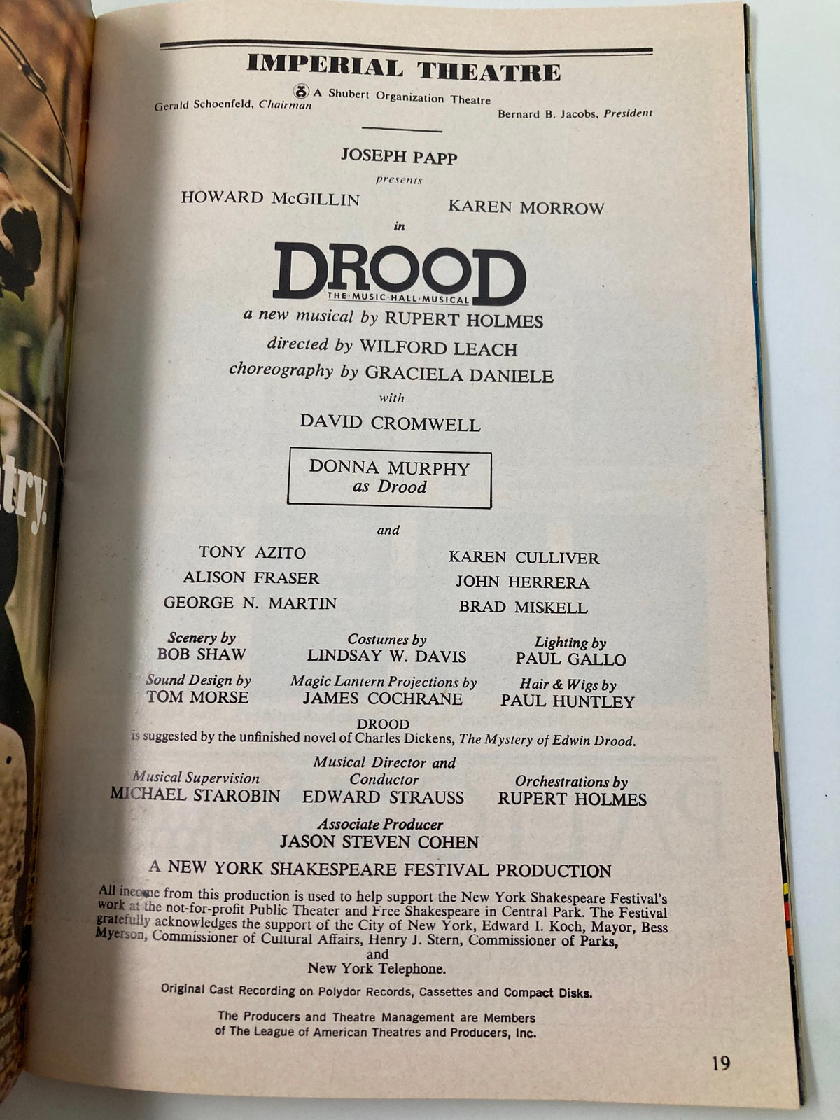 Another interior page of the 1987 Playbill for The Mystery of Edwin Drood at the Imperial Theatre, listing the cast and production details, including Donna Murphy.