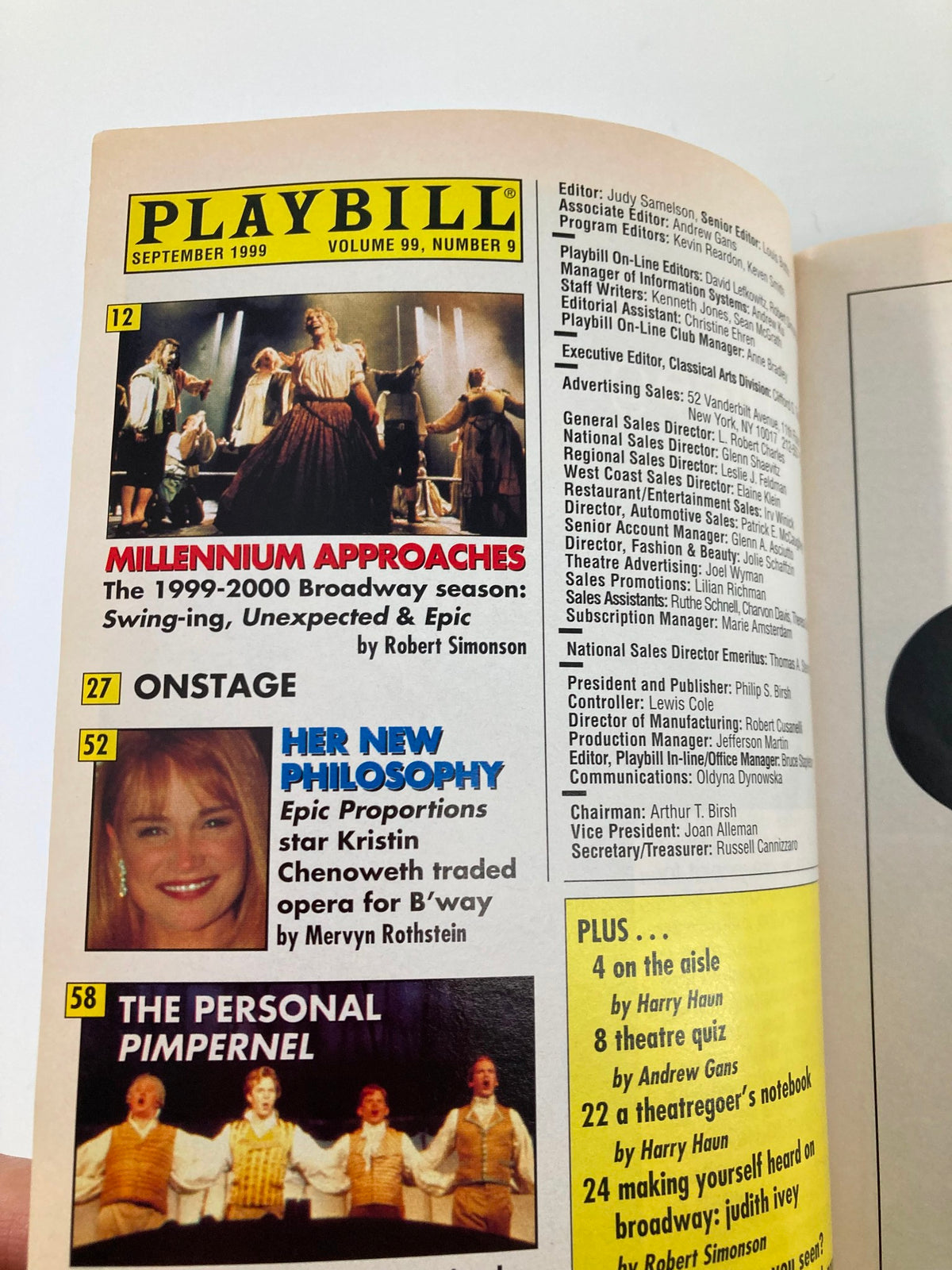 Inside page of the September 1999 Playbill featuring advertisements and articles related to the theater, including Kat and The Kings.