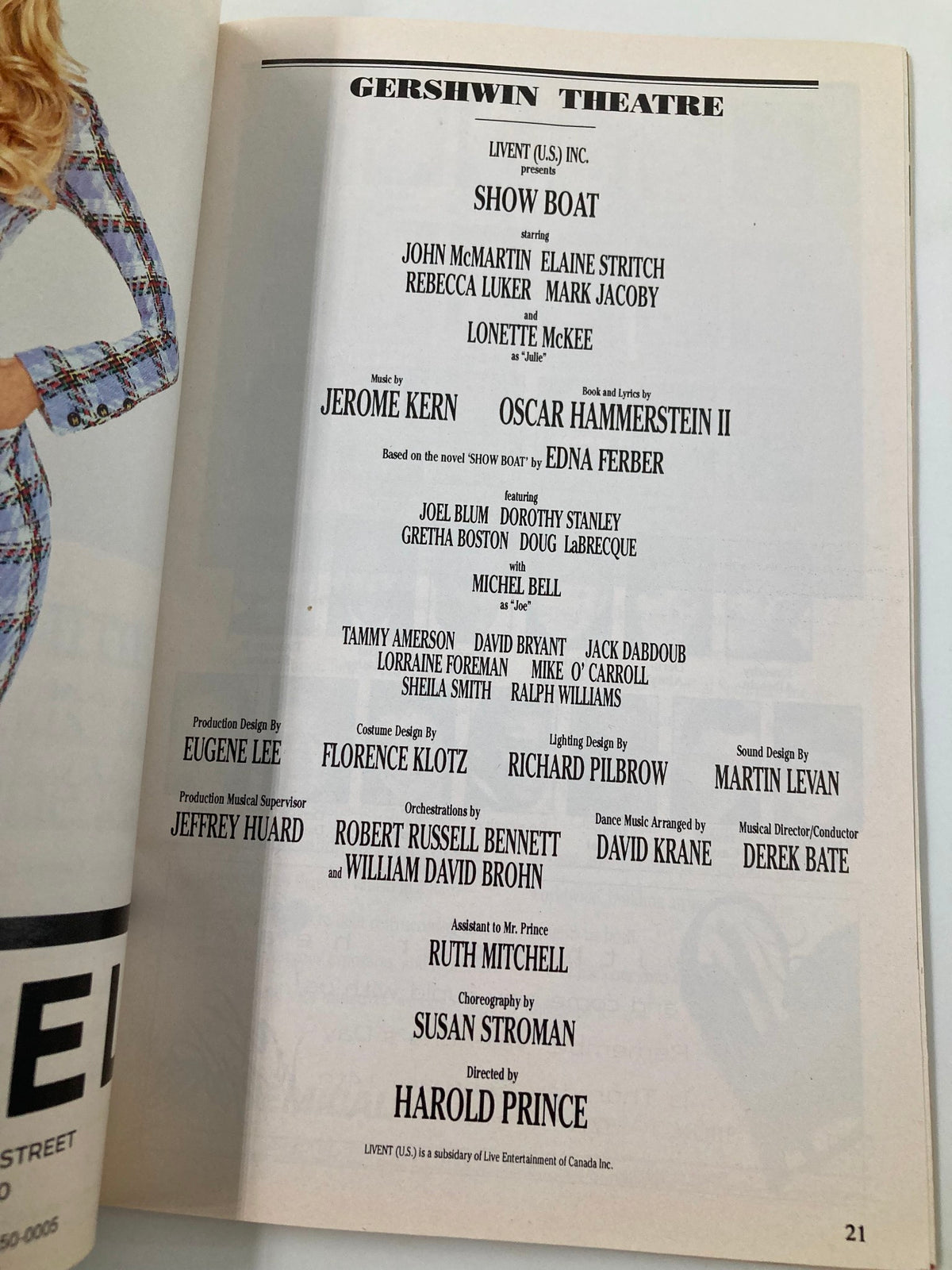 1995 Playbill for Show Boat at Gershwin Theatre featuring cast details, including John McMartin and Rebecca Luker, highlighting the production's artistic team and credits.