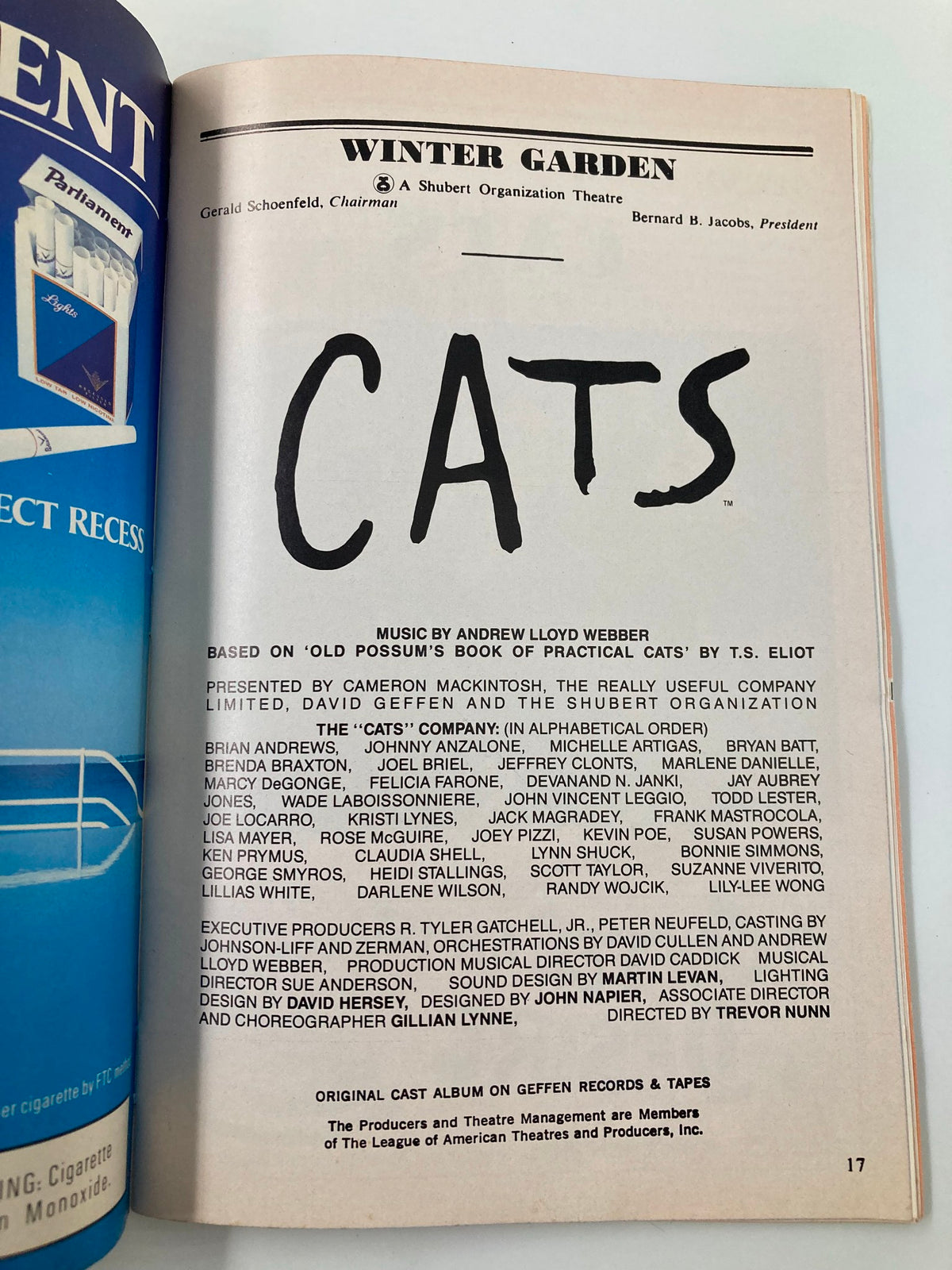 Page from the 1992 Cats Playbill, listing cast and crew names, including Lillias White and Marlene Danielle, and featuring the header Winter Garden.