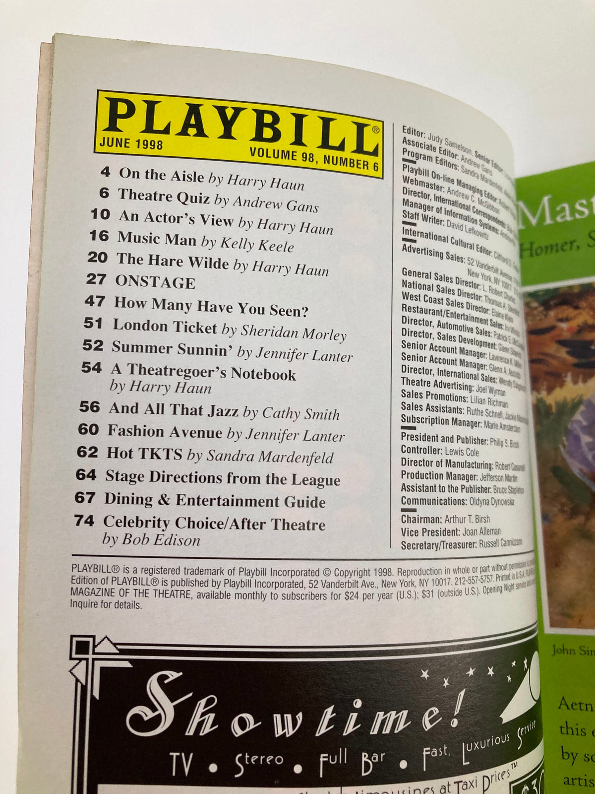1998 Playbill for Lucille Lortel Theatre showcasing the production As Bees In Honey Drown with articles and features including Theatre Quiz and An Actor's View.