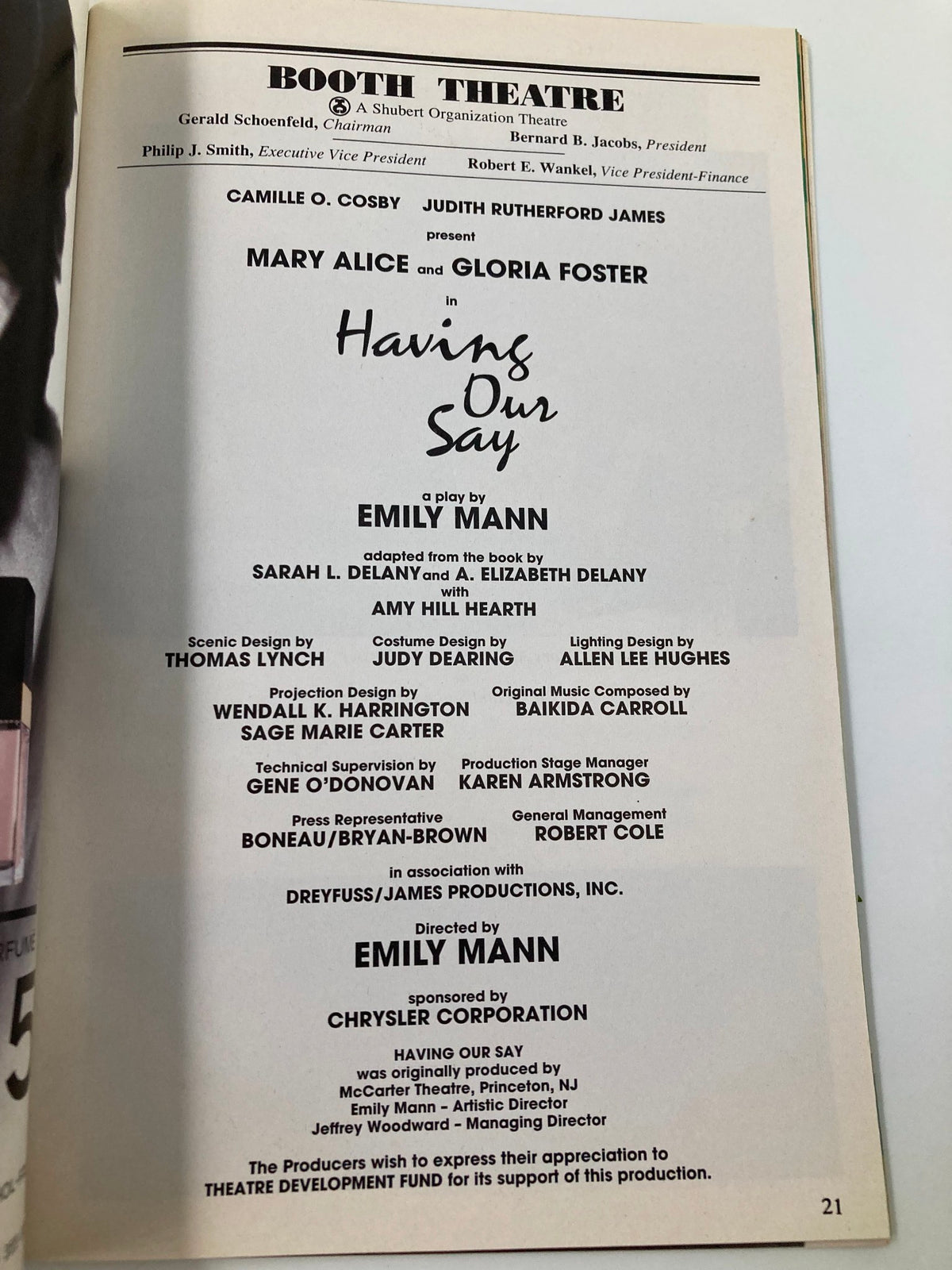 Cast page of the 1995 Playbill for 'Having Our Say' highlighting Mary Alice and Gloria Foster's performances, with a focus on the production details and creative team.