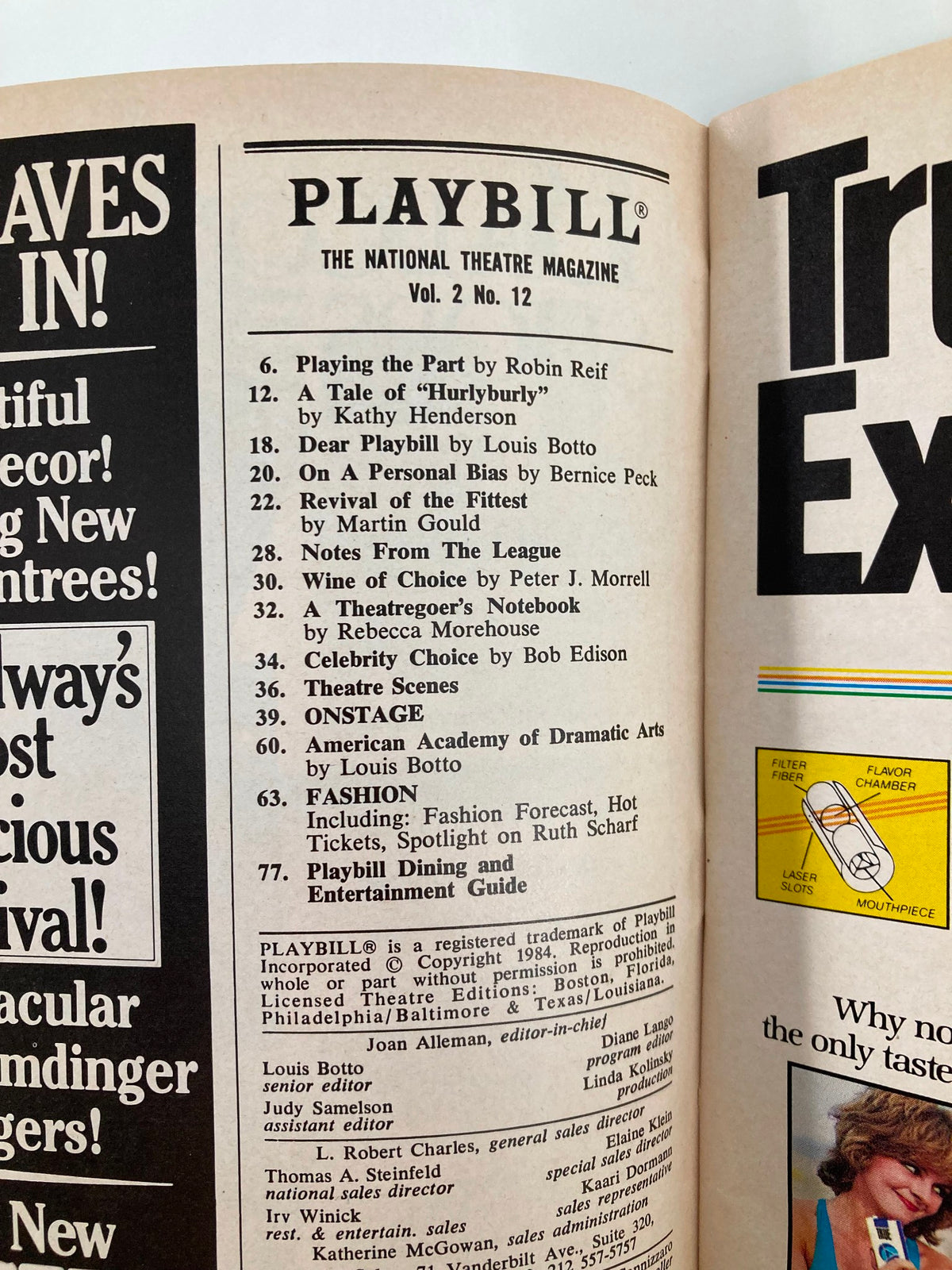 Inside view of a 1984 Playbill from The Palace Theatre featuring La Cage Aux Folles with George Hearn and Keith Michell. This image showcases the table of contents listing various articles and notes related to theater.