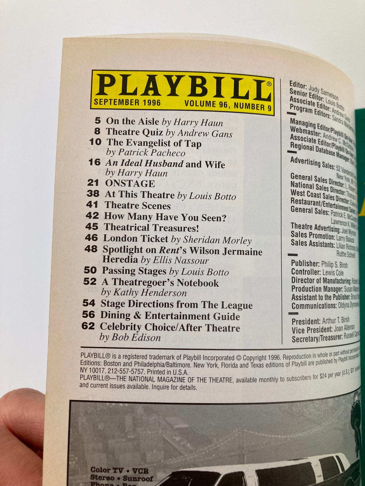 Inside page of the 1996 Playbill from the Cort Theatre showing the table of contents for the September issue.
