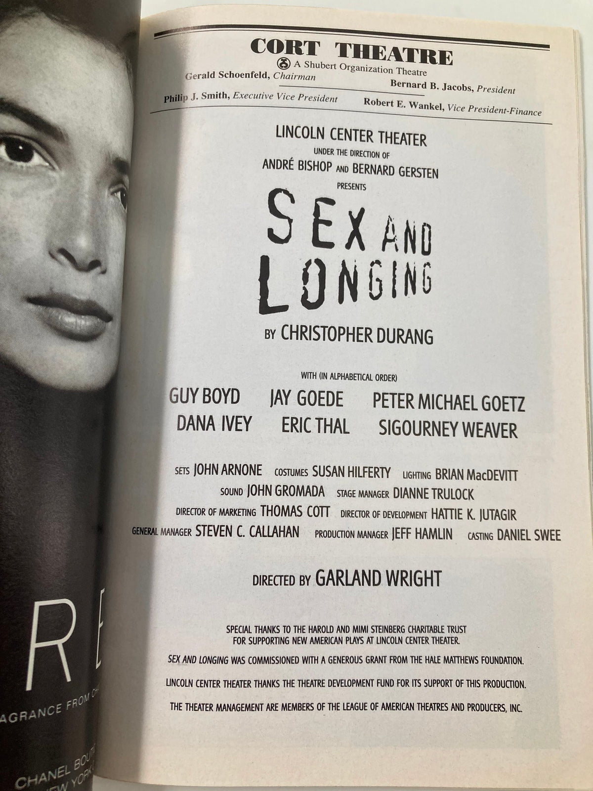 Another inside page of the 1996 Playbill from Cort Theatre highlighting the cast of Sex and Longing, including Guy Boyd, Dana Ivey, and Jay Goede.